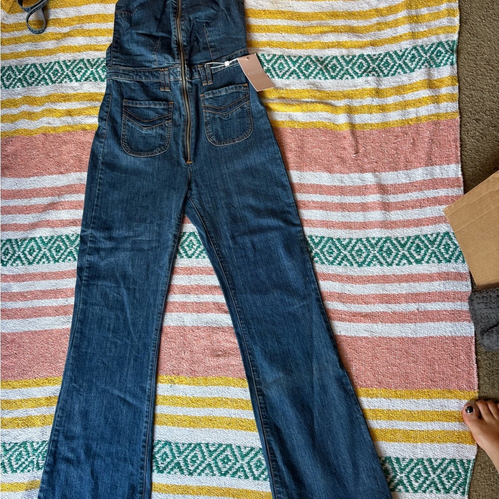 REVICE Blue Denim Jumpsuit Zipper Front Halter